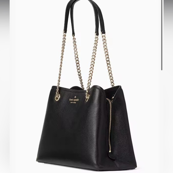 Kate Spade Large Black Leather Tote Bag with Gold Chain Laptop Compartment - Picture 5 of 12